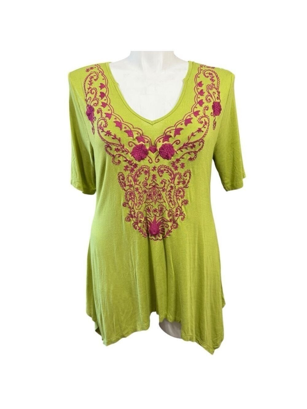 Soft Surroundings Tunic Top XL Green Pink Embroidered